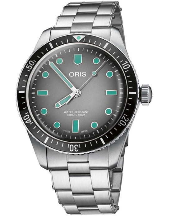 Oris Oris Divers Sixty‑Five 01 733 7707 4053-07 8 20 18  01 733 7707 4053-07 8 20 18 механические мужские часы серый циферблат, браслет нержавеющая сталь — вид спереди